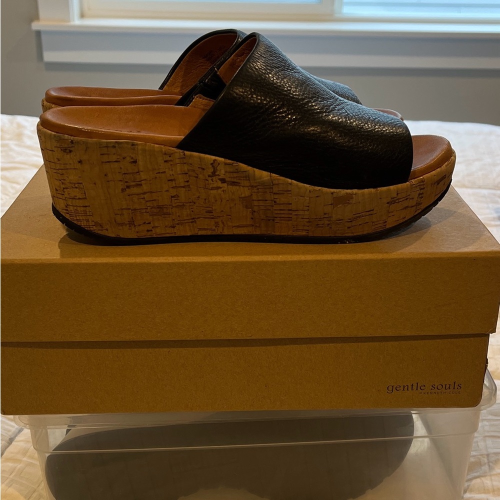 Gentle Souls Black and Tan Wedge Mules